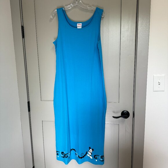 Vintage Disney Blue Sleeveless Cotton Maxi Dress Swim Coverup Mickey Mouse Sz L‎ - Picture 1 of 11